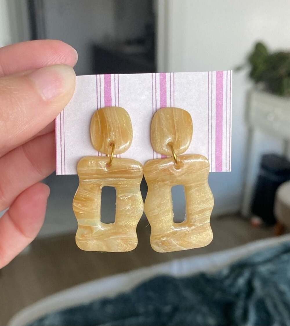 Handmade Polymer Clay Marbled Tan Geometric Dangle Earrings
